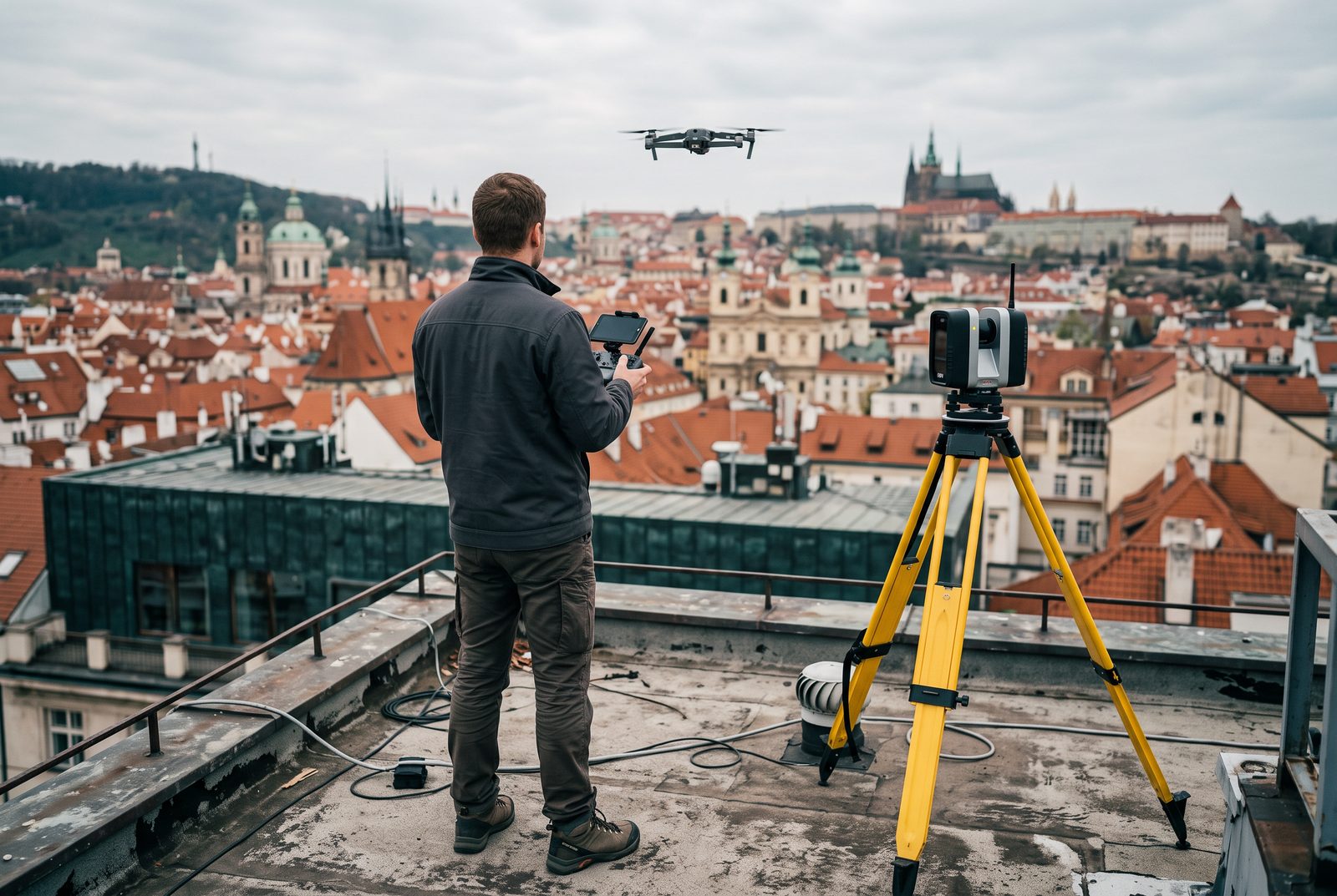 Technik s dronem a 3D skenerem provádí pasportizaci střechy nad Prahou