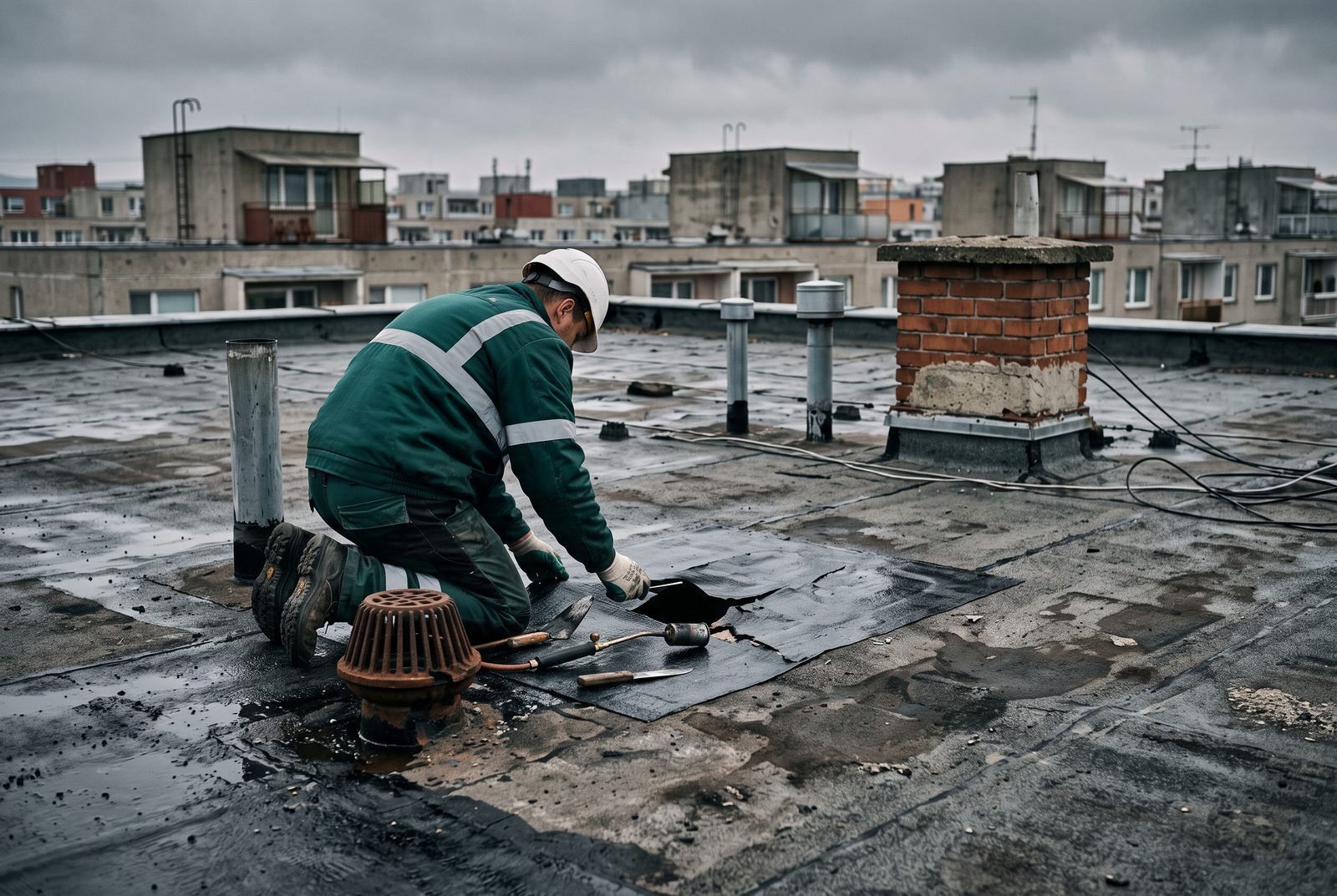 Technik opravuje poškozenou hydroizolaci ploché střechy školní budovy