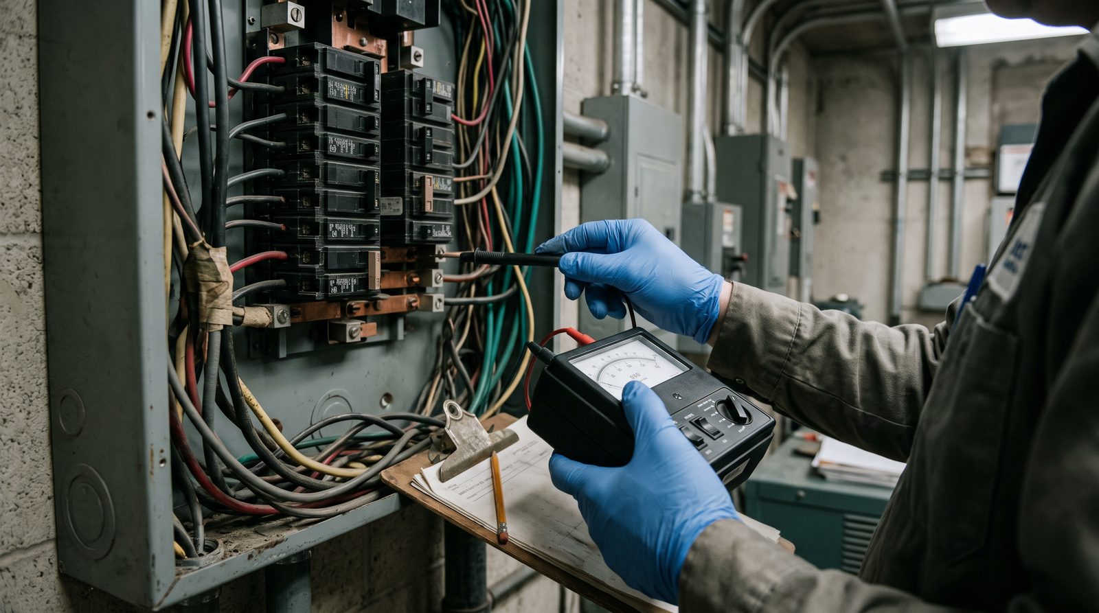 Revizní technik měří starší elektrický rozvaděč v technické místnosti veřejné budovy
